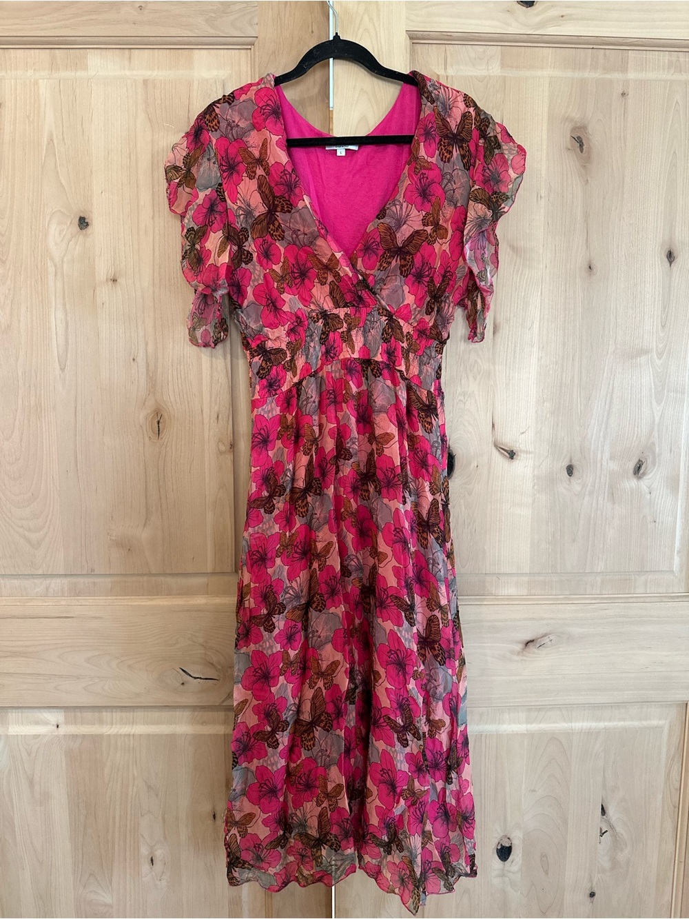 Le Ragazze flutter sleeve butterfly print silk blend dress